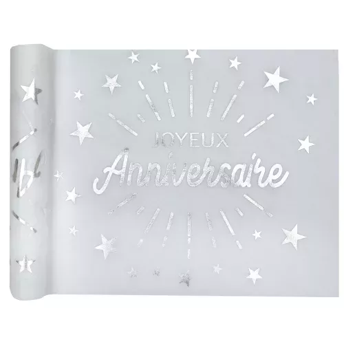 Photo du produit Chemin de table intissé anniversaire blanc et argent 5m x 30 cm