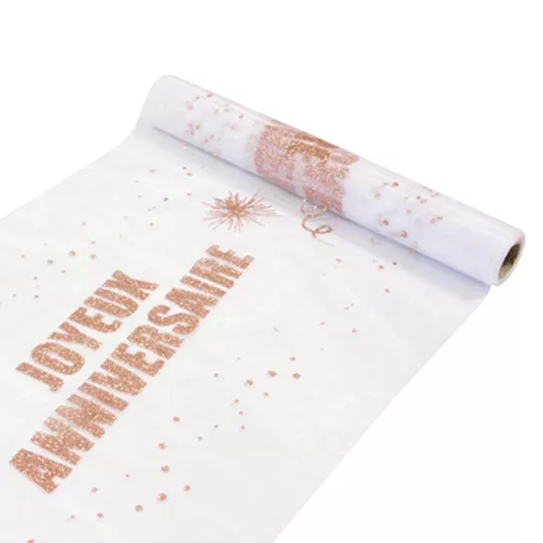 Photo du produit Chemin de table organza Joyeux Anniversaire rose gold 29 cm x 5 m