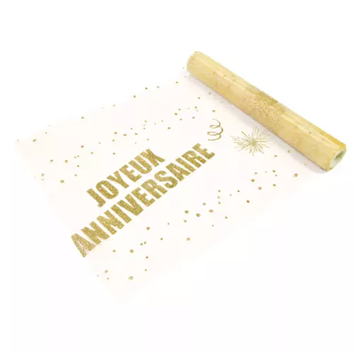 Photo du produit Chemin de table organza Joyeux Anniversaire doré 29 cm x 5 m