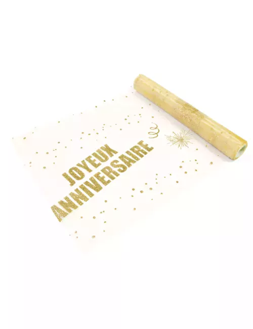 Photo du produit Chemin de table organza Joyeux Anniversaire doré 29 cm x 5 m