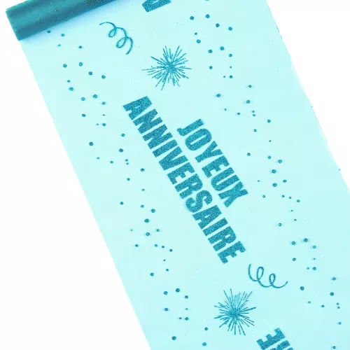 Photo du produit Chemin de table organza Joyeux Anniversaire turquoise 29 cm x 5 m