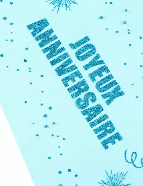 Photo du produit Chemin de table organza Joyeux Anniversaire turquoise 29 cm x 5 m