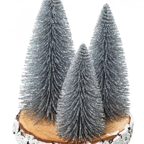 Photo du produit Décoration sapins argentés sur rondin 20 x 15 cm