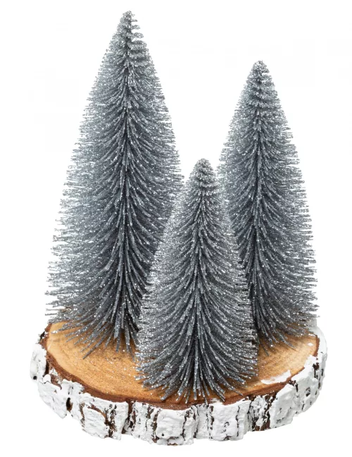 Photo du produit Décoration sapins argentés sur rondin 20 x 15 cm