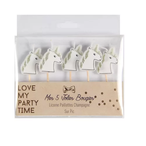 Photo du produit 5 Bougies sur pic licorne paillettes champagne 4,5 x 3 cm