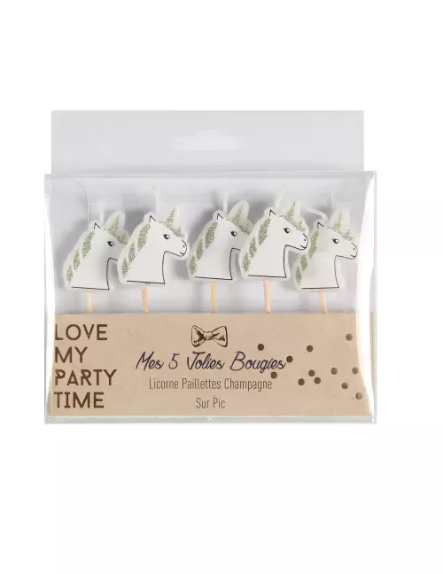 Photo du produit 5 Bougies sur pic licorne paillettes champagne 4,5 x 3 cm