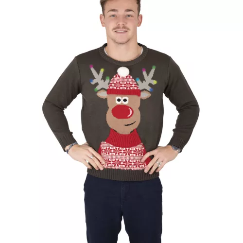 Photo du produit Pull de Noël gris renne lumineux et musical adulte