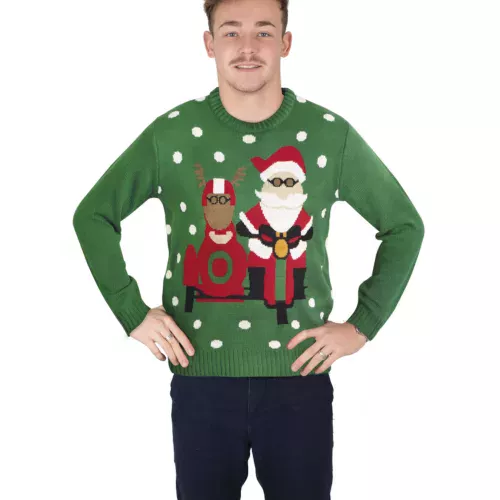 Photo du produit Pull de Noël vert avec Père Noël motard