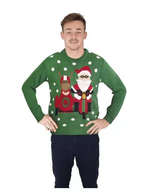 Photo du produit Pull de Noël vert avec Père Noël motard