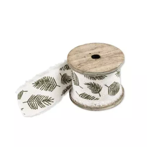 Photo du produit Ruban en lin feuilles tropicales vert et ivoire 4,5 cm x 3 m