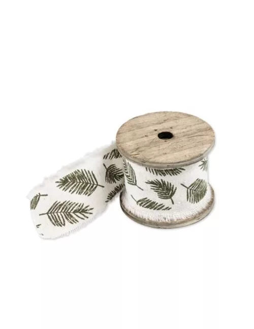 Photo du produit Ruban en lin feuilles tropicales vert et ivoire 4,5 cm x 3 m