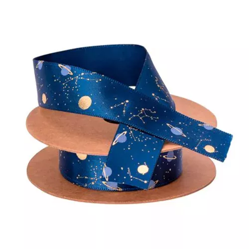 Photo du produit Ruban en satin astronaute marine floqué or 1,9 cm x 10 m