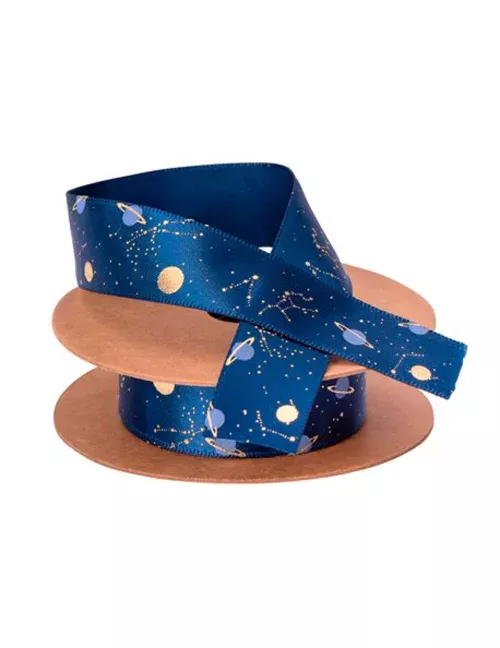 Photo du produit Ruban en satin astronaute marine floqué or 1,9 cm x 10 m