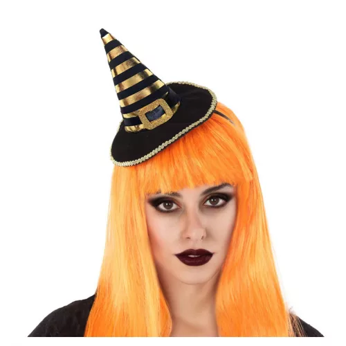 Photo du produit Serre-tête mini chapeau de sorcière rayé noir et or adulte
