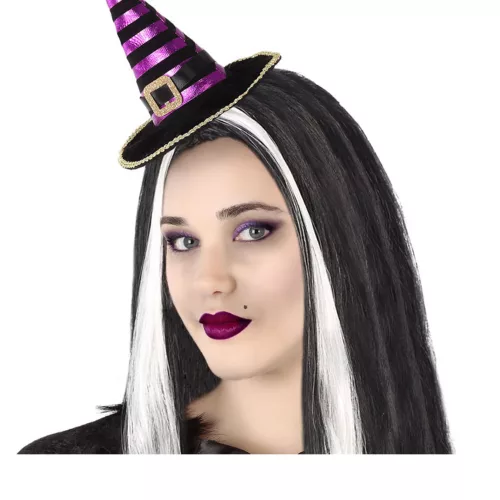 Photo du produit Serre-tête mini chapeau de sorcière rayé noir et violet adulte