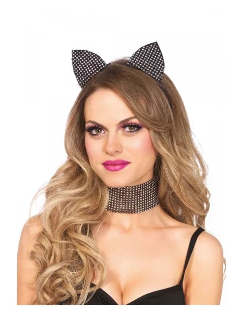 Photo du produit Set luxe serre-tête et tour de cou strass chat adulte