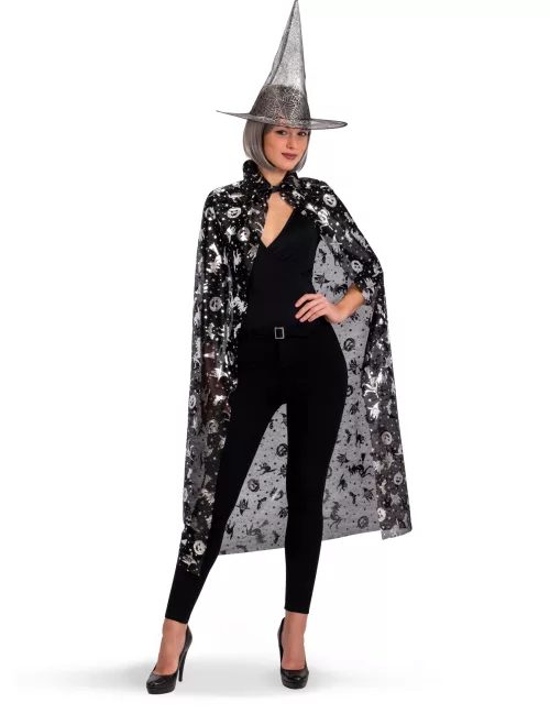 Photo du produit Set sorcière chapeau et cape noir et argent femme