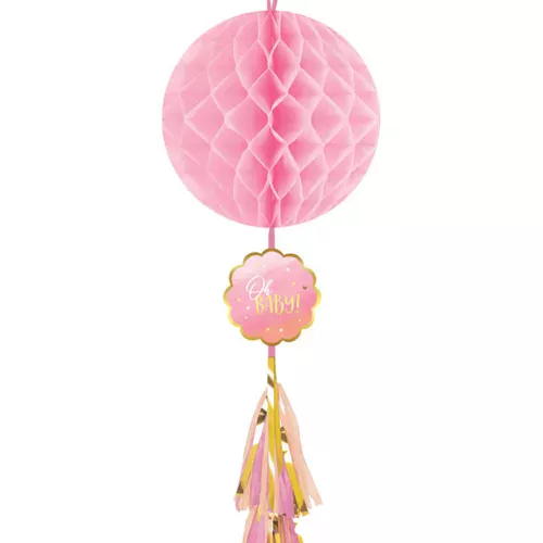 Photo du produit Suspension en papier alvéolé Oh Baby rose et or avec tassel 75 cm