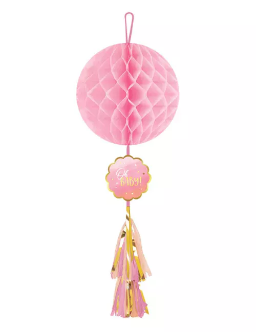 Photo du produit Suspension en papier alvéolé Oh Baby rose et or avec tassel 75 cm
