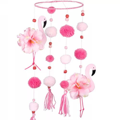 Photo du produit Suspension flamant rose avec pompons roses 60 x 16 cm