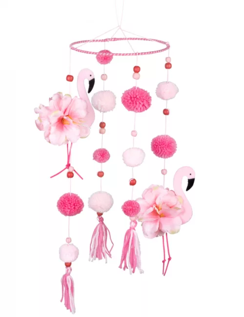 Photo du produit Suspension flamant rose avec pompons roses 60 x 16 cm