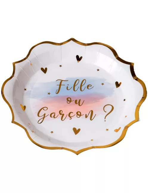 Photo du produit 8 Assiettes en carton Fille ou Garçon rose bleu et or 23 cm