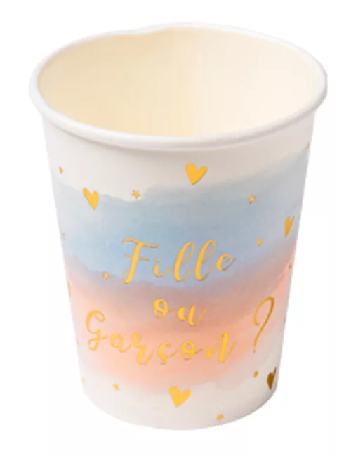 Photo du produit 8 Gobelets en carton Fille ou Garçon rose bleu et or 255 ml