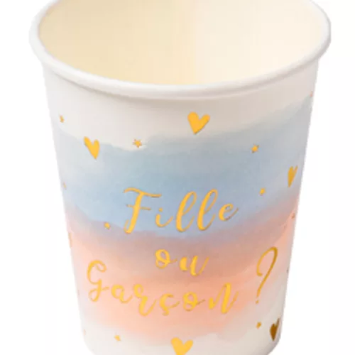Photo du produit 8 Gobelets en carton Fille ou Garçon rose bleu et or 255 ml