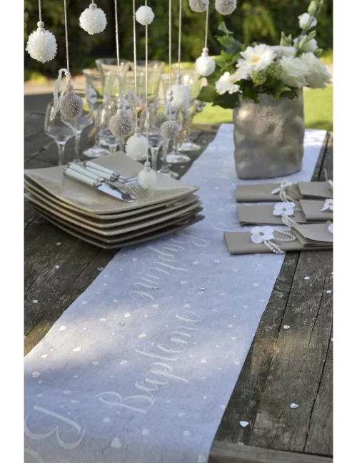 Photo du produit Chemin de table intissé Baptême blanc 30 cm x 5 m
