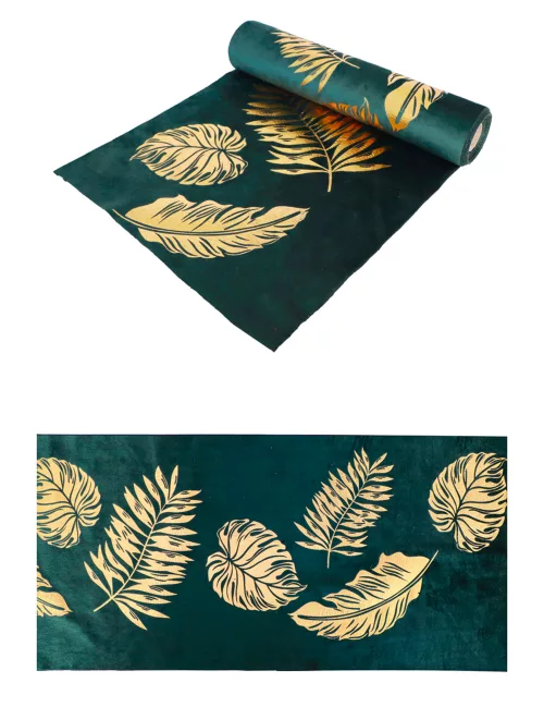 Photo du produit Chemin de table en velours vert feuilles dorées 28 cm x 3 m