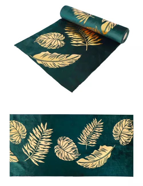 Photo du produit Chemin de table en velours vert feuilles dorées 28 cm x 3 m