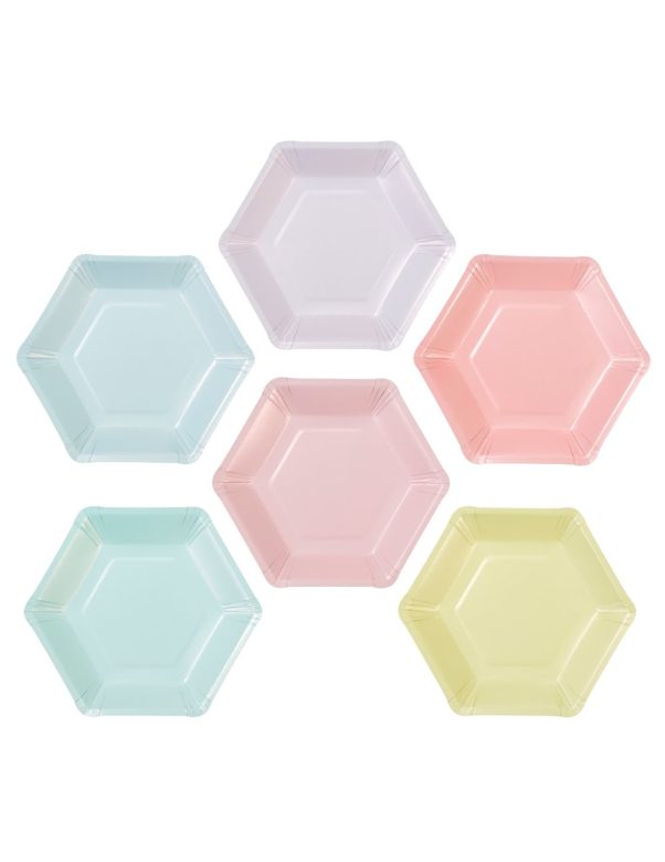Photo du produit 12 Petites assiettes en carton hexagonales 6 couleurs pastel 18 cm