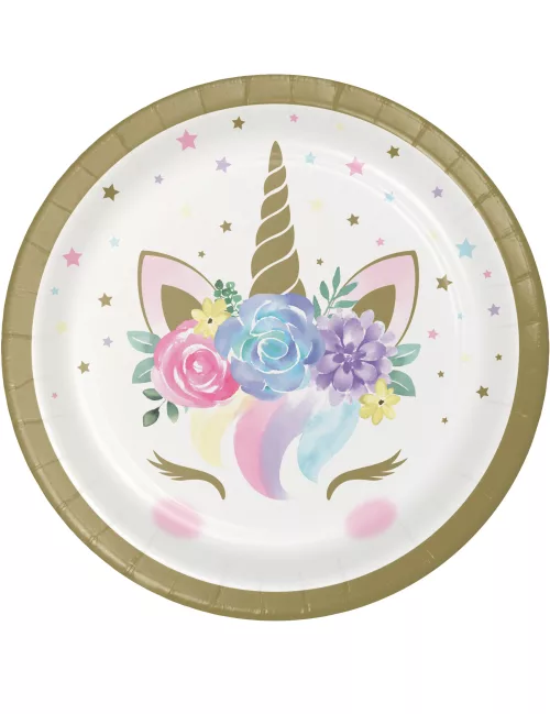Photo du produit 8 Petites assiettes en carton licorne féerique blanches 18 cm