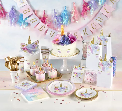 Photo du produit 8 Petites assiettes en carton licorne féerique blanches 18 cm