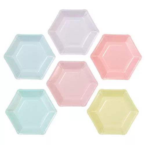Photo du produit 12 Petites assiettes en carton hexagonales 6 couleurs pastel 18 cm