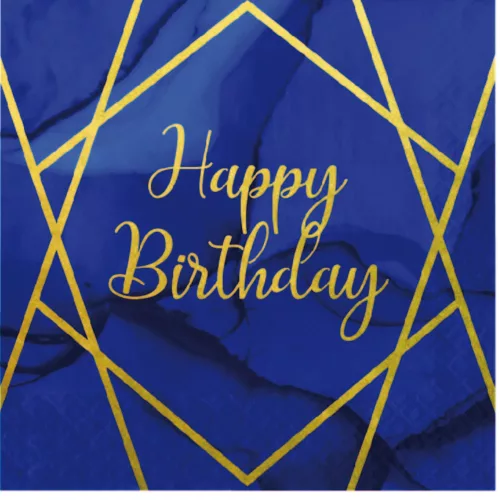 Photo du produit 16 Serviettes en papier happy birthday marbre bleues et dorées 33 x 33 cm