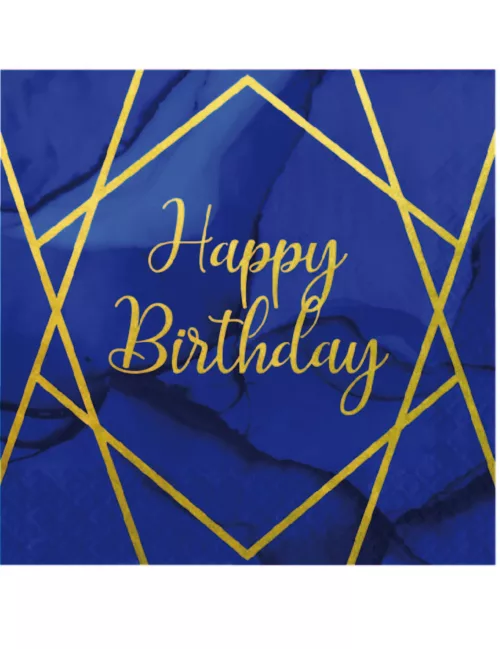 Photo du produit 16 Serviettes en papier happy birthday marbre bleues et dorées 33 x 33 cm