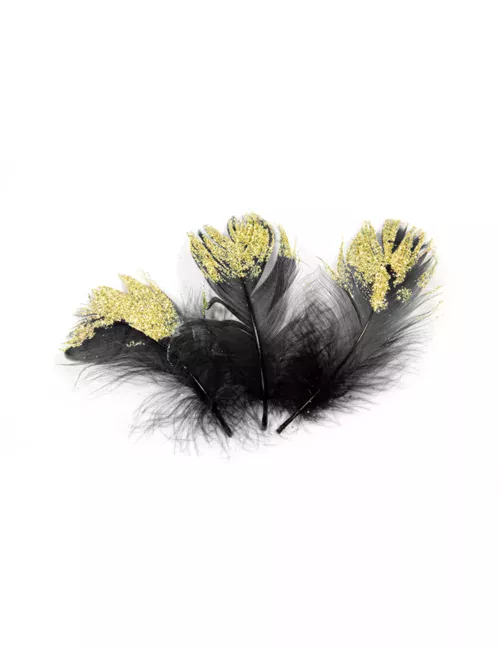 Photo du produit 20 Plumes pailletées noires et dorées pailletées 7,5 cm