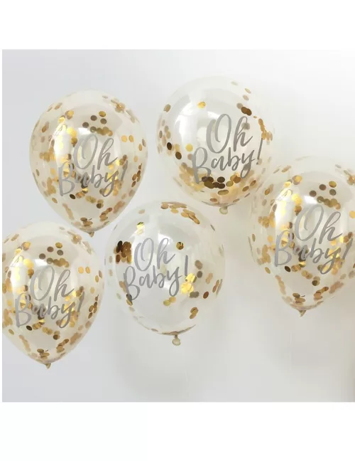 Photo du produit 5 Ballons Oh Baby transparents à confettis doré métallisé 30 cm