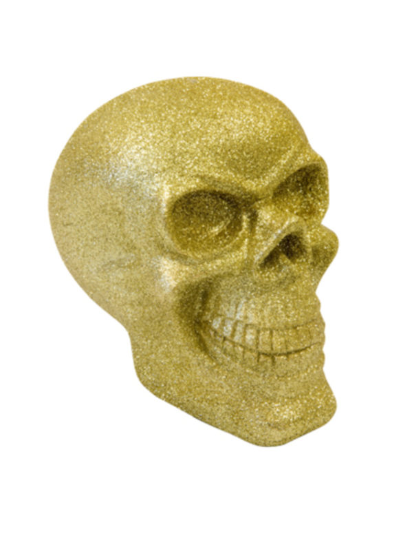 Photo du produit Crâne en résine doré à paillettes 13 cm