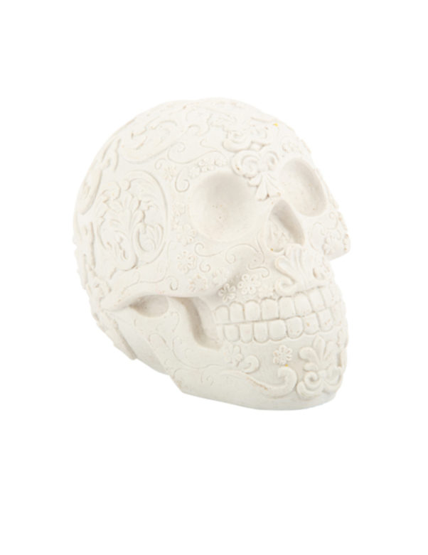 Photo du produit Tête de mort blanche avec motifs calaveras en relief 14 cm