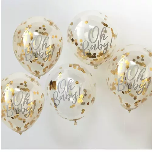 Photo du produit 5 Ballons Oh Baby transparents à confettis doré métallisé 30 cm