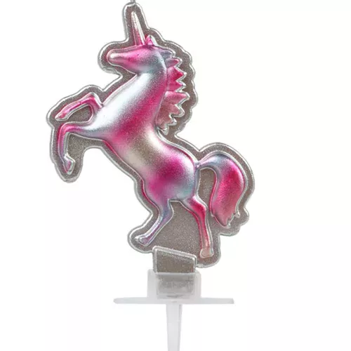 Photo du produit Bougie jolie licorne rose et argent 16 x 9 cm
