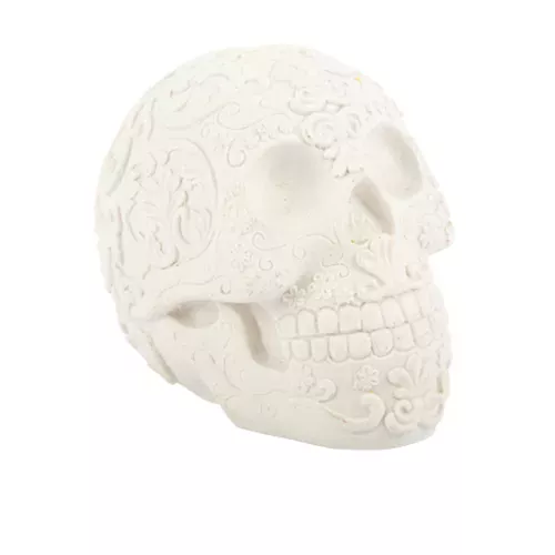 Photo du produit Tête de mort blanche avec motifs calaveras en relief 14 cm