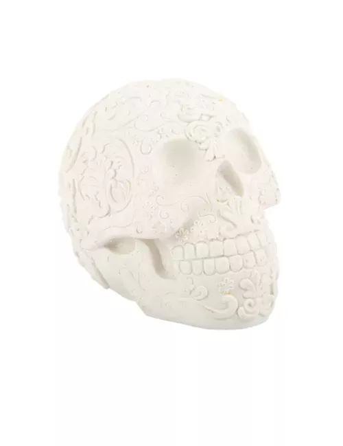 Photo du produit Tête de mort blanche avec motifs calaveras en relief 14 cm