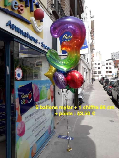 BOUQUET AVEC 1 CHIFFRE + 5 BALLONS MYLAR + POIDS