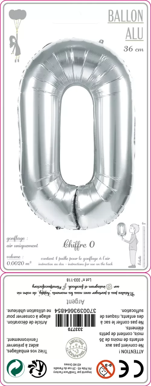 BALLON MYLAR CHIFFRE 0 ARGENT 36CM – Image 2