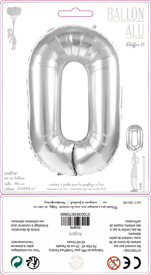 BALLON MYLAR CHIFFRE 0 ARGENT 86CM – Image 2