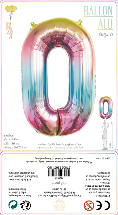 BALLON MYLAR CHIFFRE 0 IRISE PASTEL 86CM – Image 2