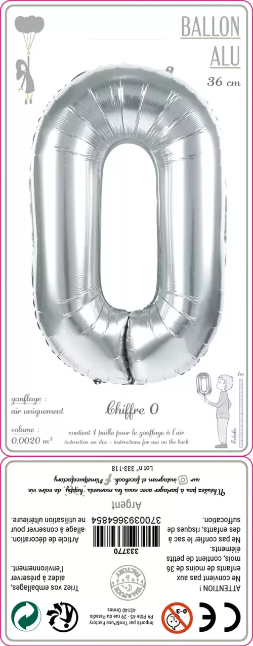 BALLON MYLAR CHIFFRE 0 ARGENT 36CM – Image 2